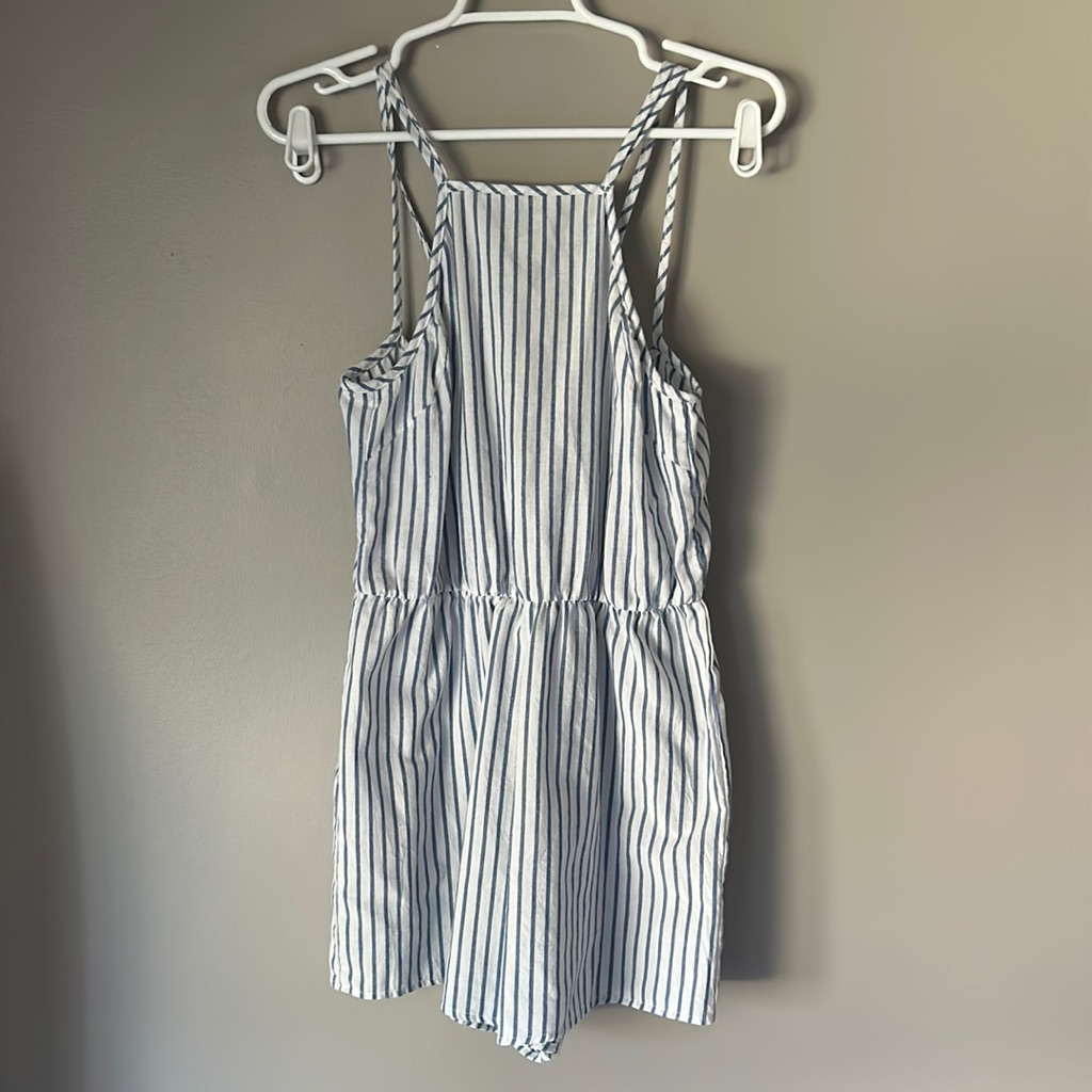 Women’s Blue/White Striped Open Back Romper